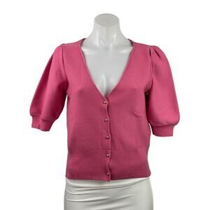 Camaieu Womens Pink Short Puff Sleeve V-neck Button Up Cropped Blouse Top Size M